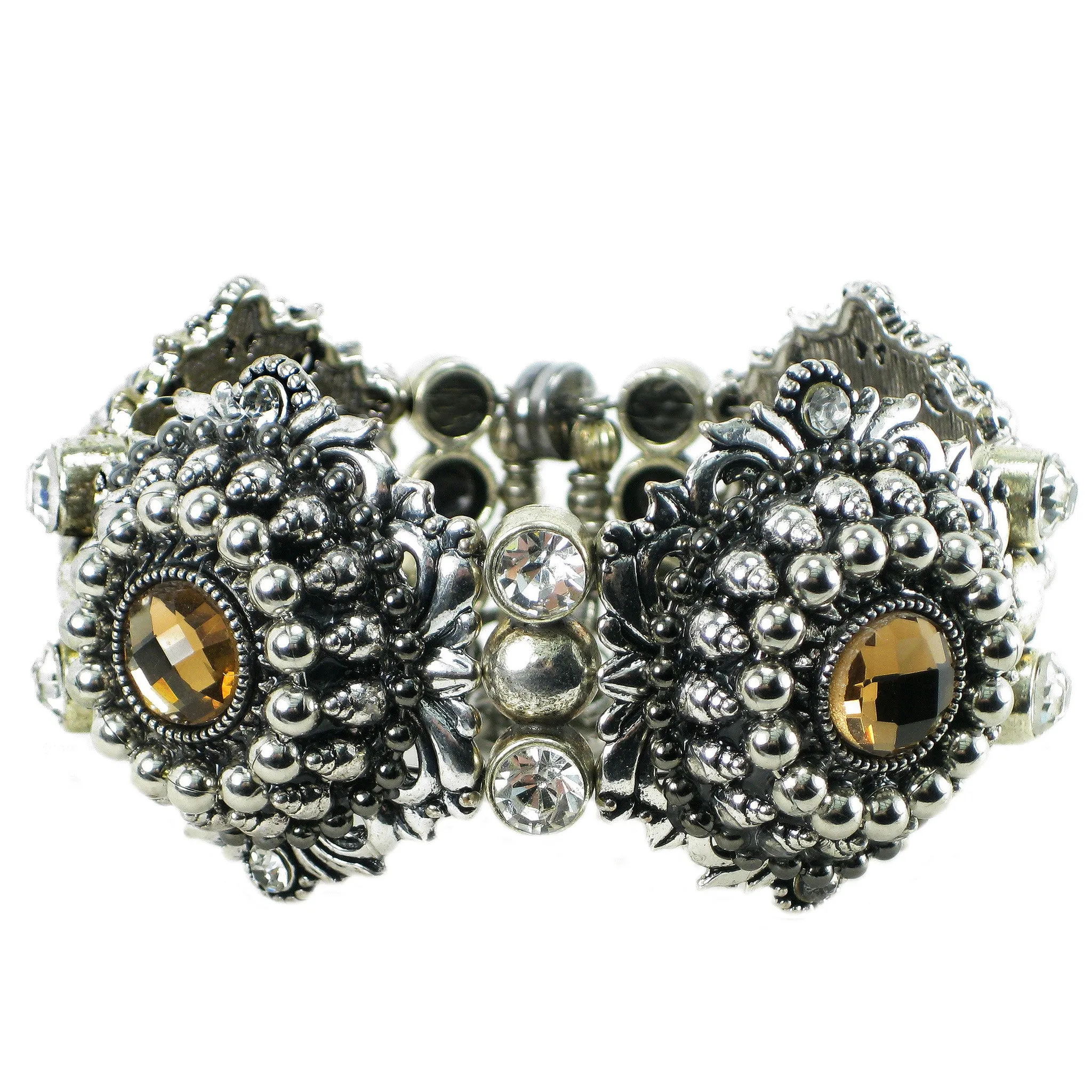 #1036b Silver/Pewter Tone & Amber Rhinestone Cuff Bracelet