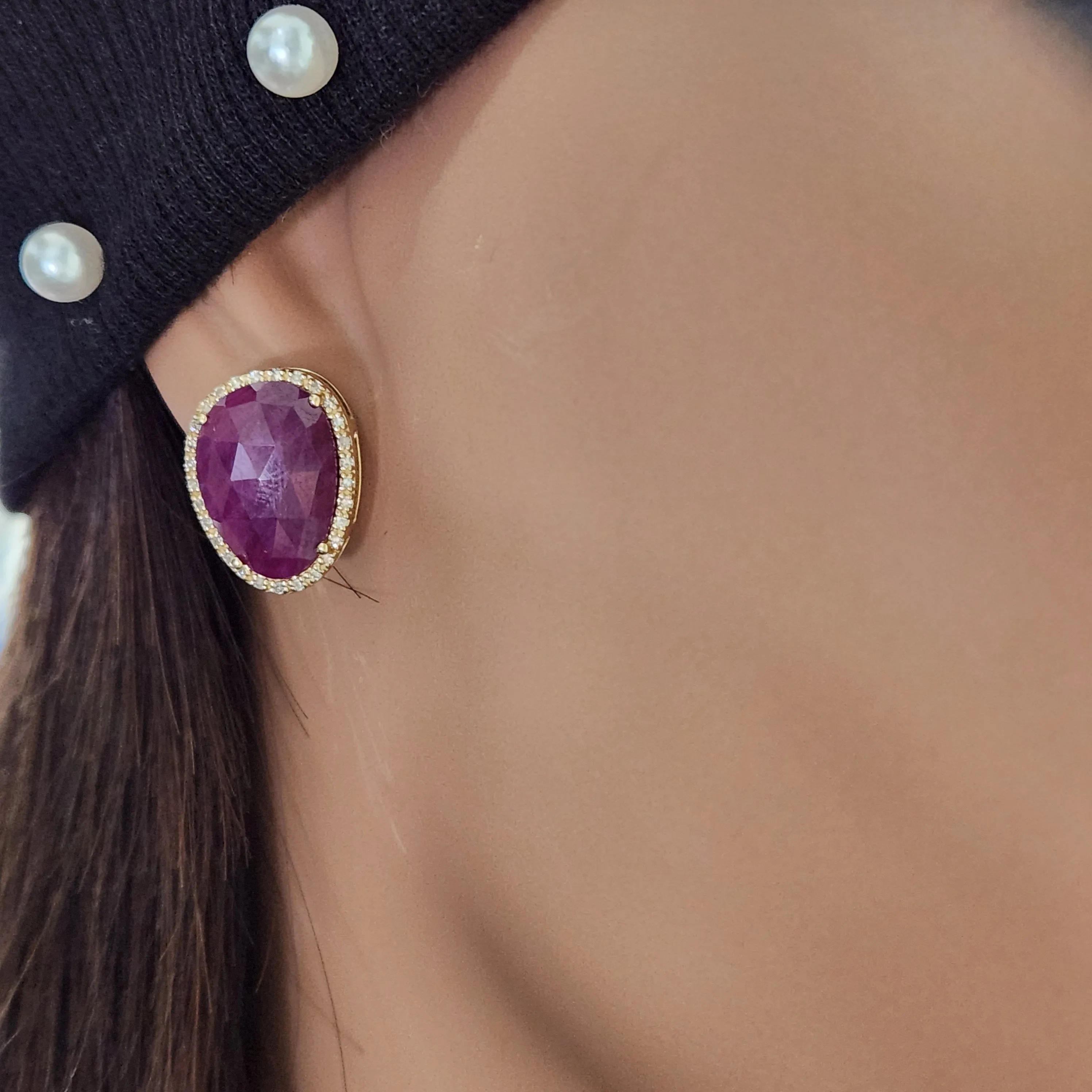 10K Gold Ruby and Diamond Natural Shaped Stud Earring
