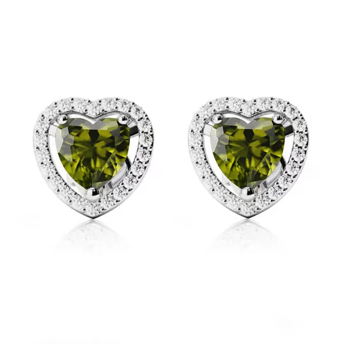 10k White Gold Plated 1/2 Ct Created Halo Heart Peridot Stud Earrings