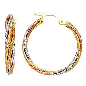 14K 3 Tone Rose Yellow And White Gold Round Braided Tube Hoop Earrings, Diameter 22mm