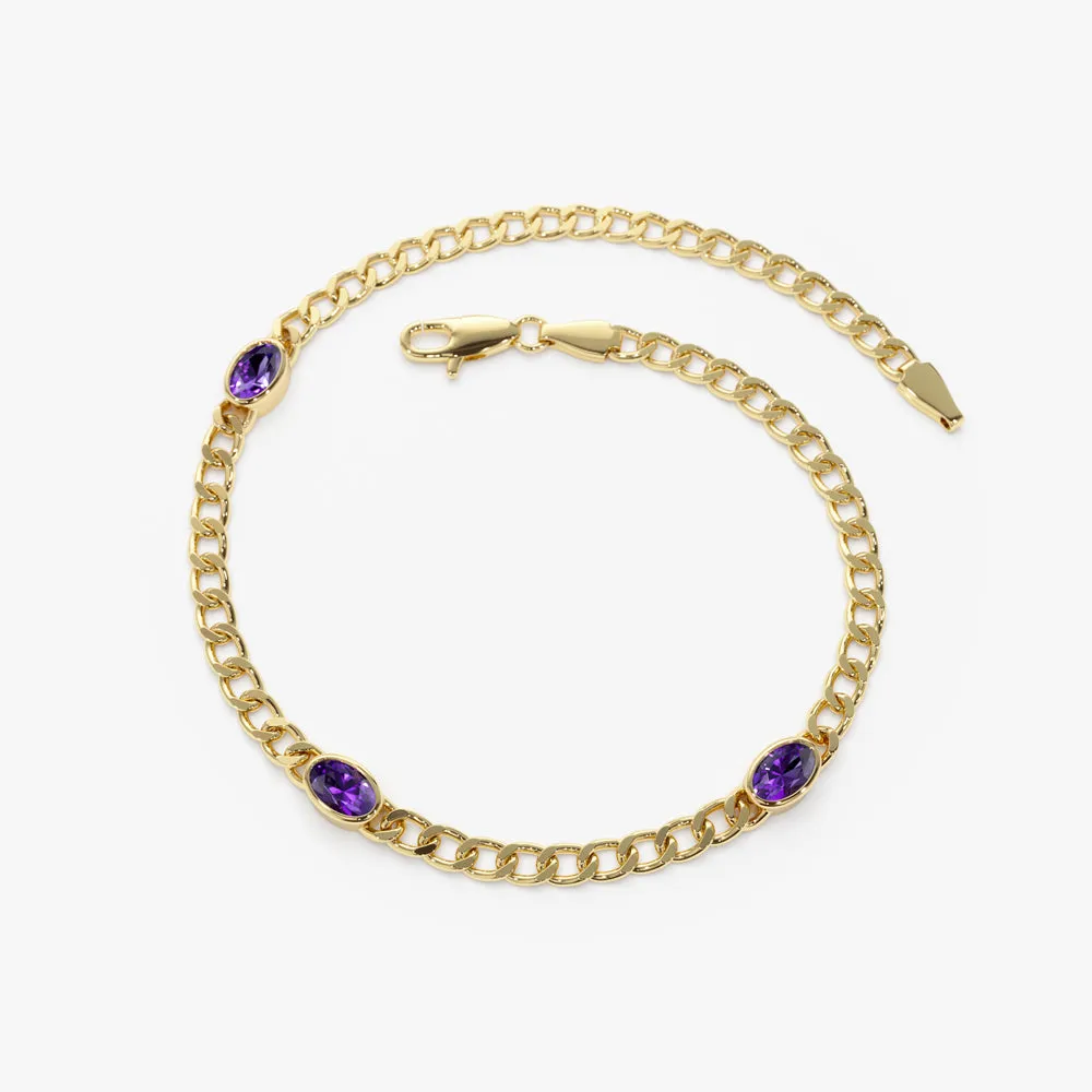 14k Cuban Link Bracelet w/ Bezel Setting Amethyst