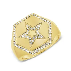 14K Gold & Diamond Star Signet Ring - 0.21ct