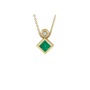 14K Gold Princess-cut Natural Emerald and Diamond Necklace