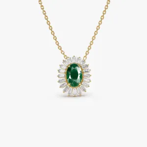 14k Oval Shape Emerald with Baguette Halo Setting Necklace
