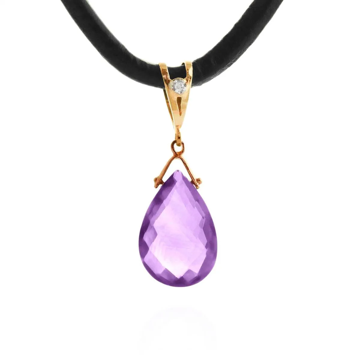 14K Solid Rose Gold & Leather Diamond/Purple Amethyst Necklace