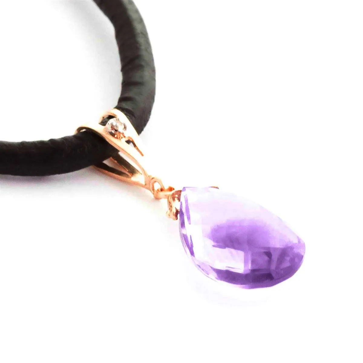 14K Solid Rose Gold & Leather Diamond/Purple Amethyst Necklace