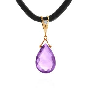 14K Solid Rose Gold & Leather Diamond/Purple Amethyst Necklace