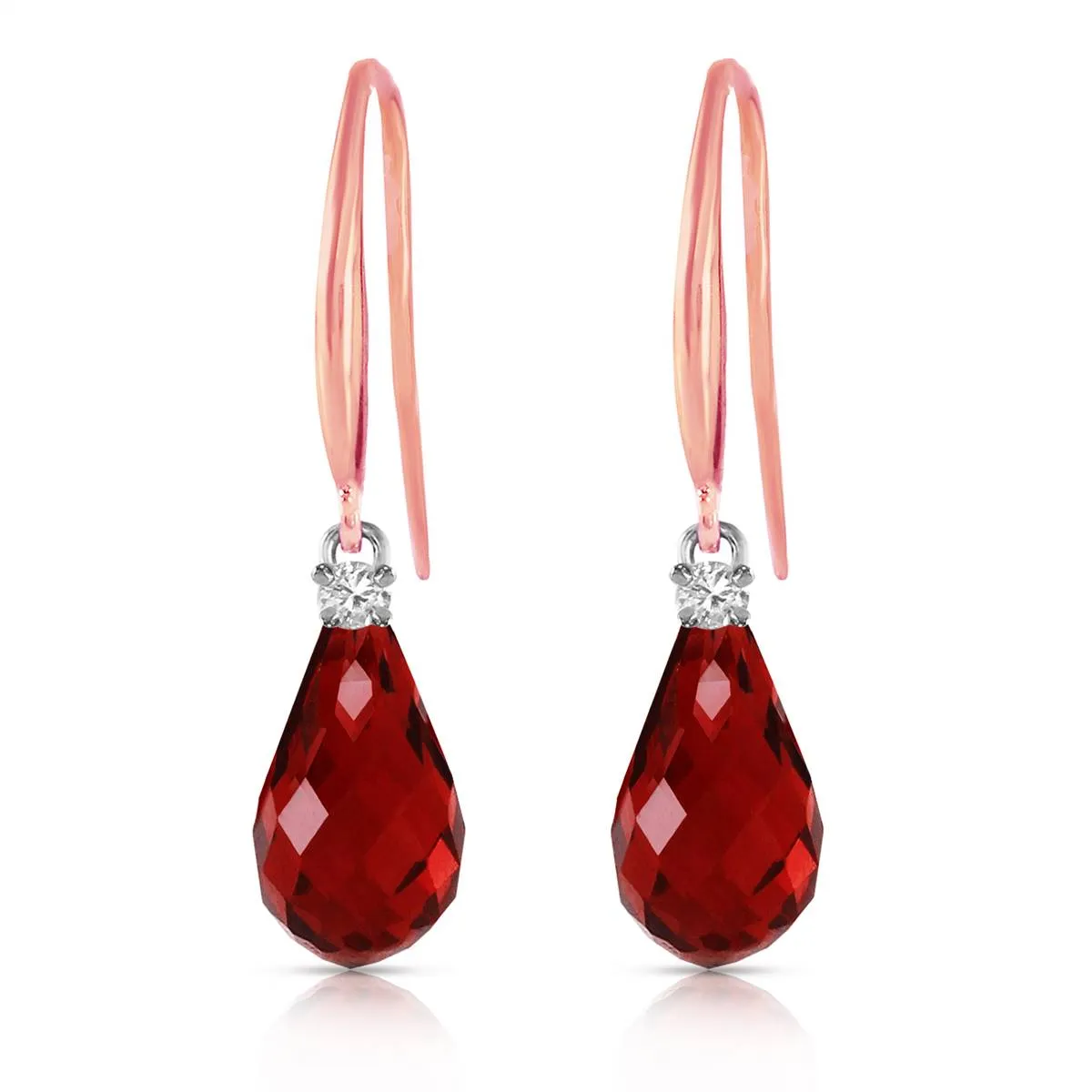 14K Solid Rose Gold Fish Hook Diamond & Garnet Earrings