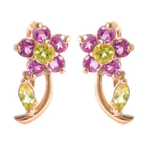 14K Solid Rose Gold Flowers Stud Earrings w/ Amethyst & Peridot