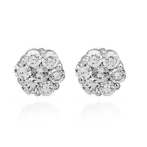 14K Solid White Gold Diamond Cluster Stud Earrings 1.43 Ctw