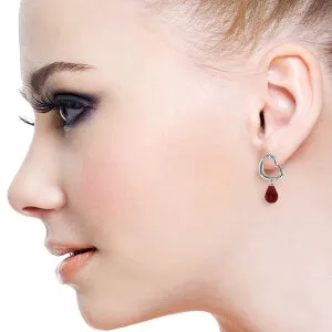14K Solid White Gold Heart Earrings w/ Dangling Natural Rubies