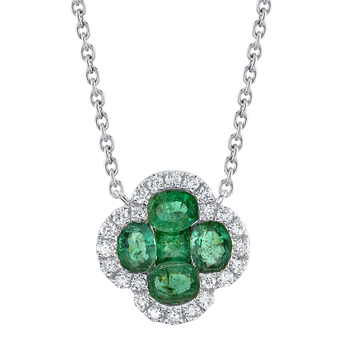 14K White Gold Emerald and Diamond Clover Necklace