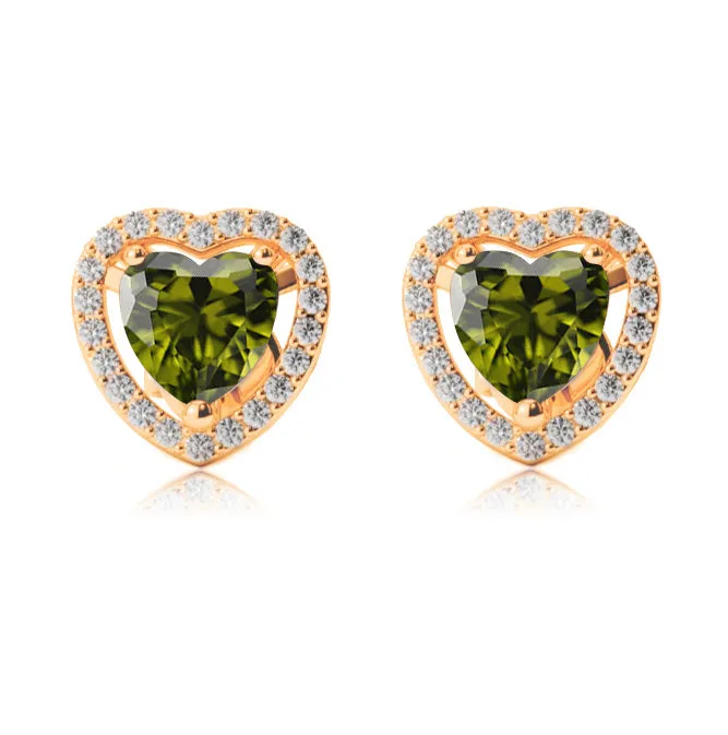 14k Yellow Gold Plated 3 Ct Created Halo Heart Peridot Stud Earrings