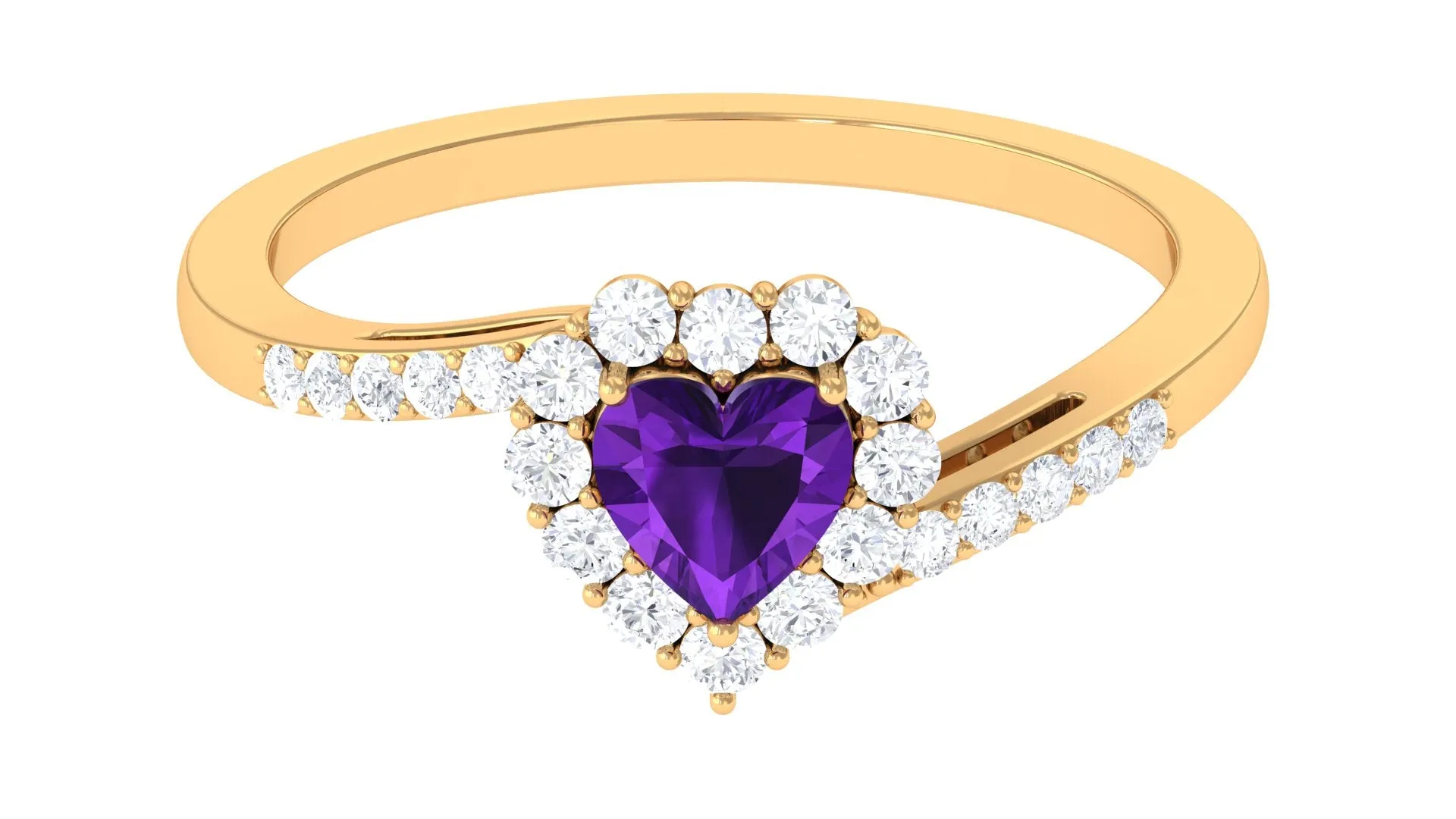 1.5 CT Heart Shape Amethyst Bypass Promise Ring with Diamond Halo