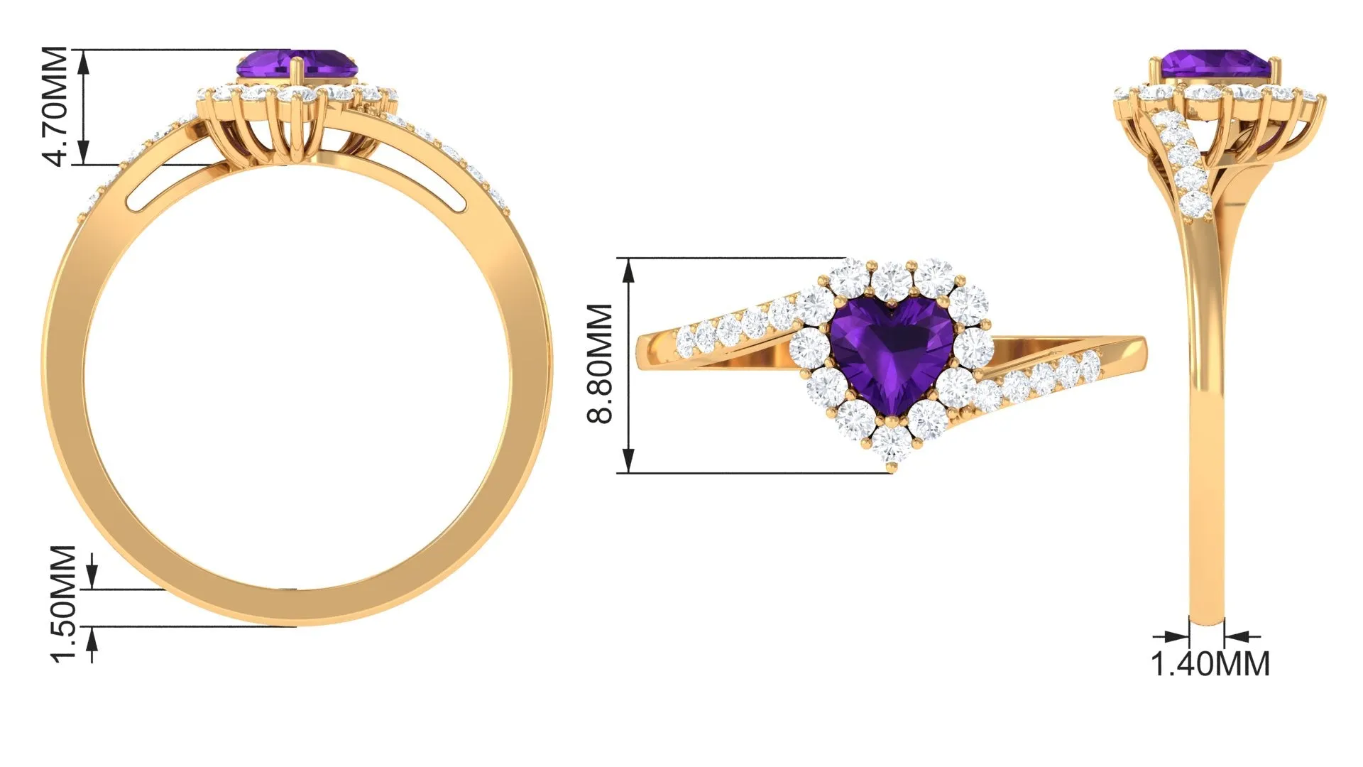 1.5 CT Heart Shape Amethyst Bypass Promise Ring with Diamond Halo