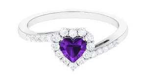 1.5 CT Heart Shape Amethyst Bypass Promise Ring with Diamond Halo