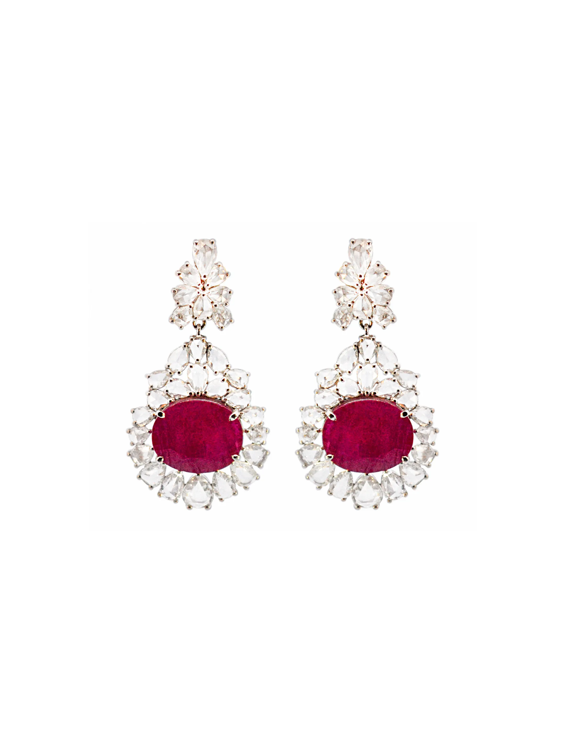 15.01ct Rose Cut Diamond Ruby 18K Gold Earrings