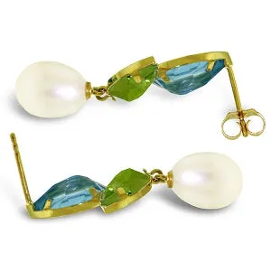 16.6 Carat 14K Solid Yellow Gold Earrings Peridot, Blue Topaz Pearl