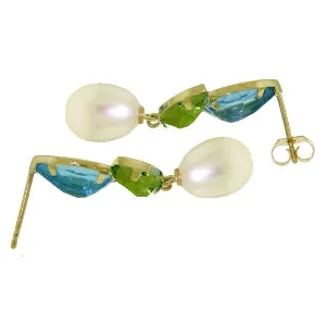 16.6 Carat 14K Solid Yellow Gold Earrings Peridot, Blue Topaz Pearl