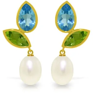 16.6 Carat 14K Solid Yellow Gold Earrings Peridot, Blue Topaz Pearl