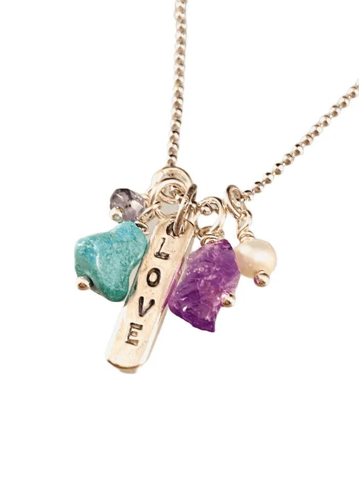 16" Love Matchstick Gem Charm Necklace Amethyst Turquoise Iolite & Pearl