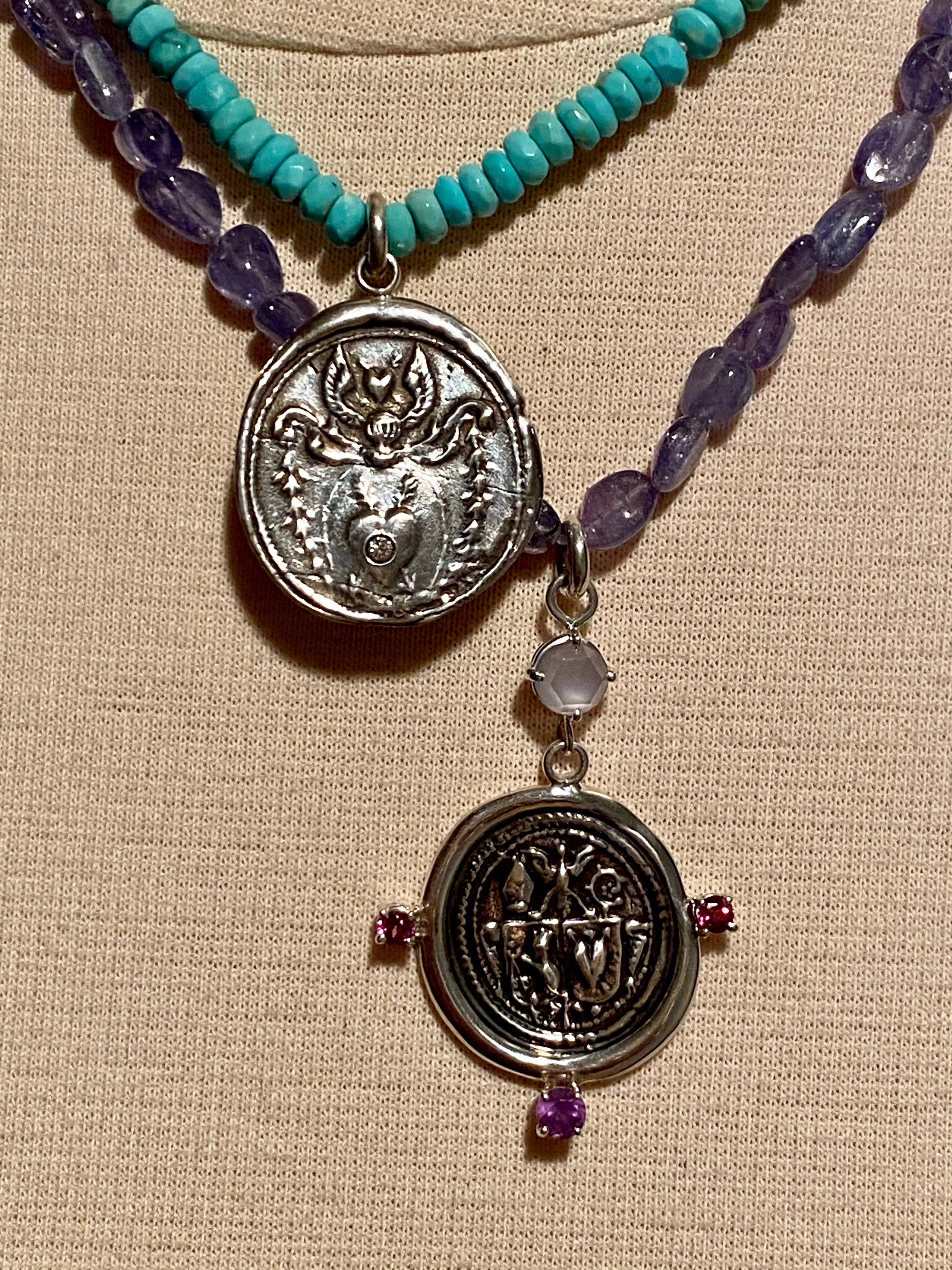 18” Tanzanite and Sterling Silver Heart Gryphon Oxidized Crest Necklace
