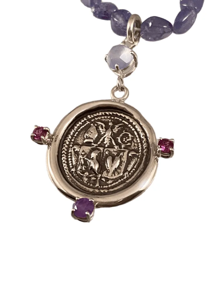18” Tanzanite and Sterling Silver Heart Gryphon Oxidized Crest Necklace
