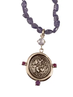 18” Tanzanite and Sterling Silver Heart Gryphon Oxidized Crest Necklace
