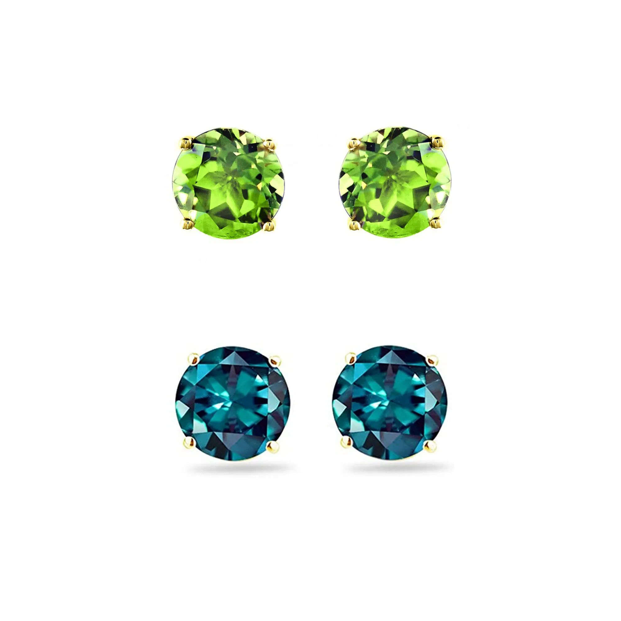 18k Yellow Gold Plated 1Ct Created Peridot and Alexandrite 2 Pair Round Stud Earrings