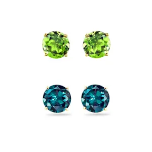 18k Yellow Gold Plated 1Ct Created Peridot and Alexandrite 2 Pair Round Stud Earrings