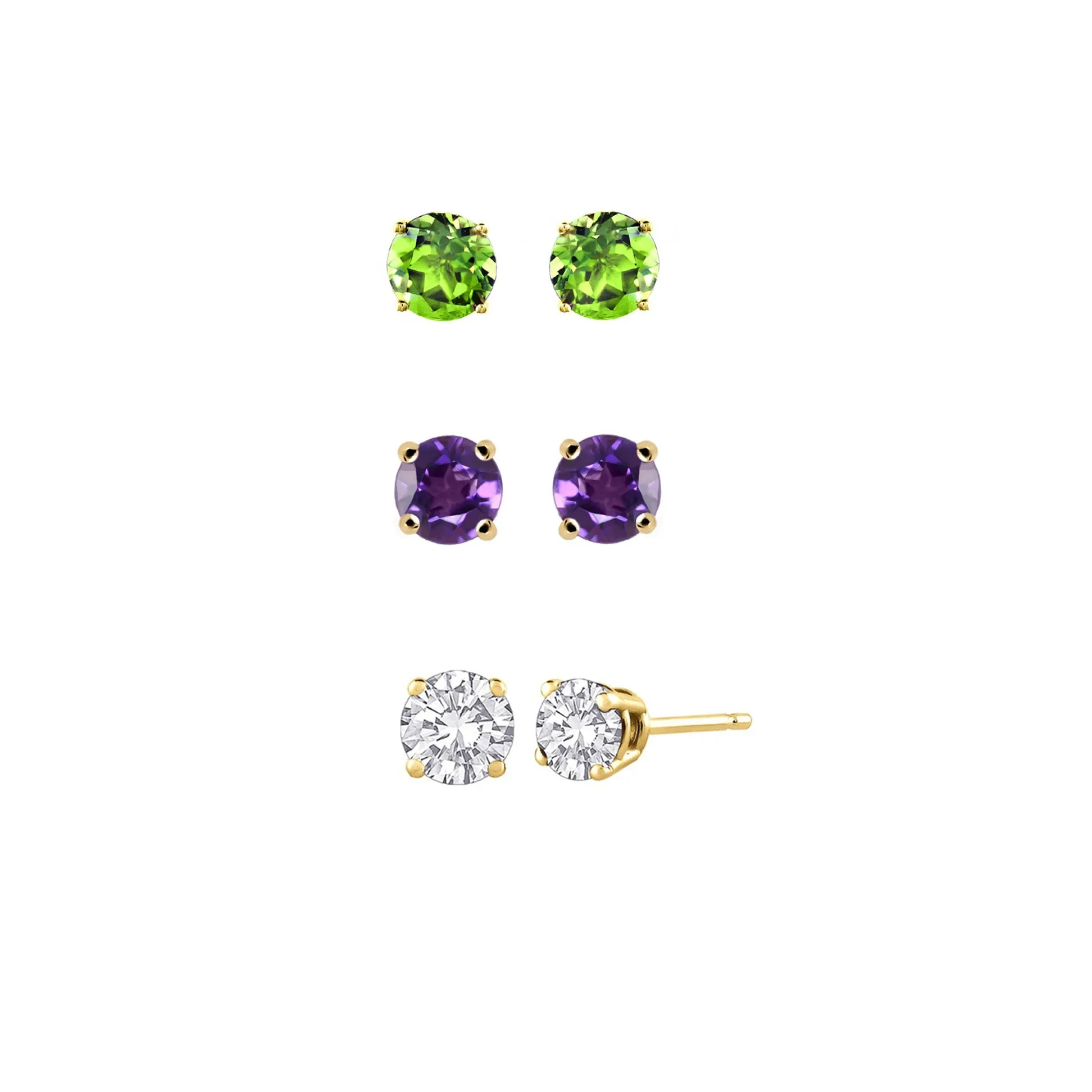 18k Yellow Gold Plated 3Ct Created Peridot, Amethyst and White Sapphire 3 Pair Round Stud Earrings