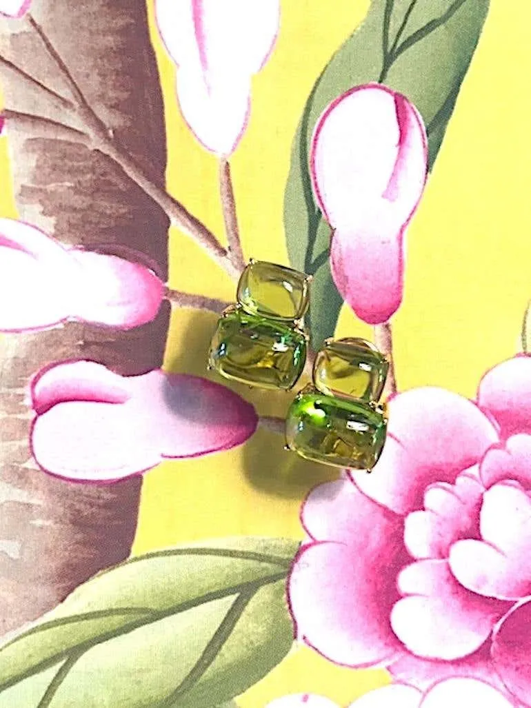 18Kt Yellow Gold Cushion Cut Cabochon Peridot Earrings with Diamonds