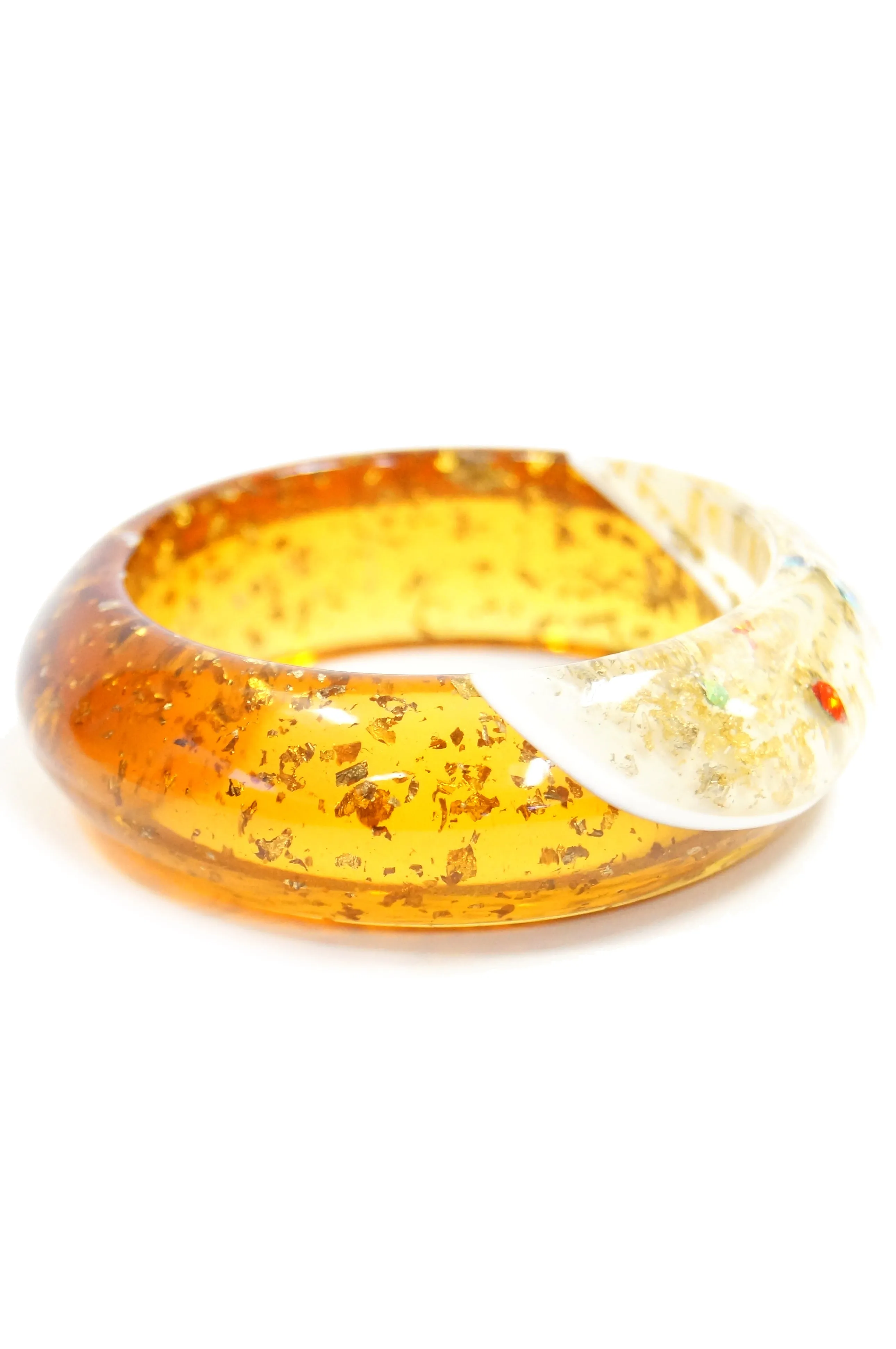 1950s Amber Lucite Bangle with Glitter and Rhinestone Inclusions