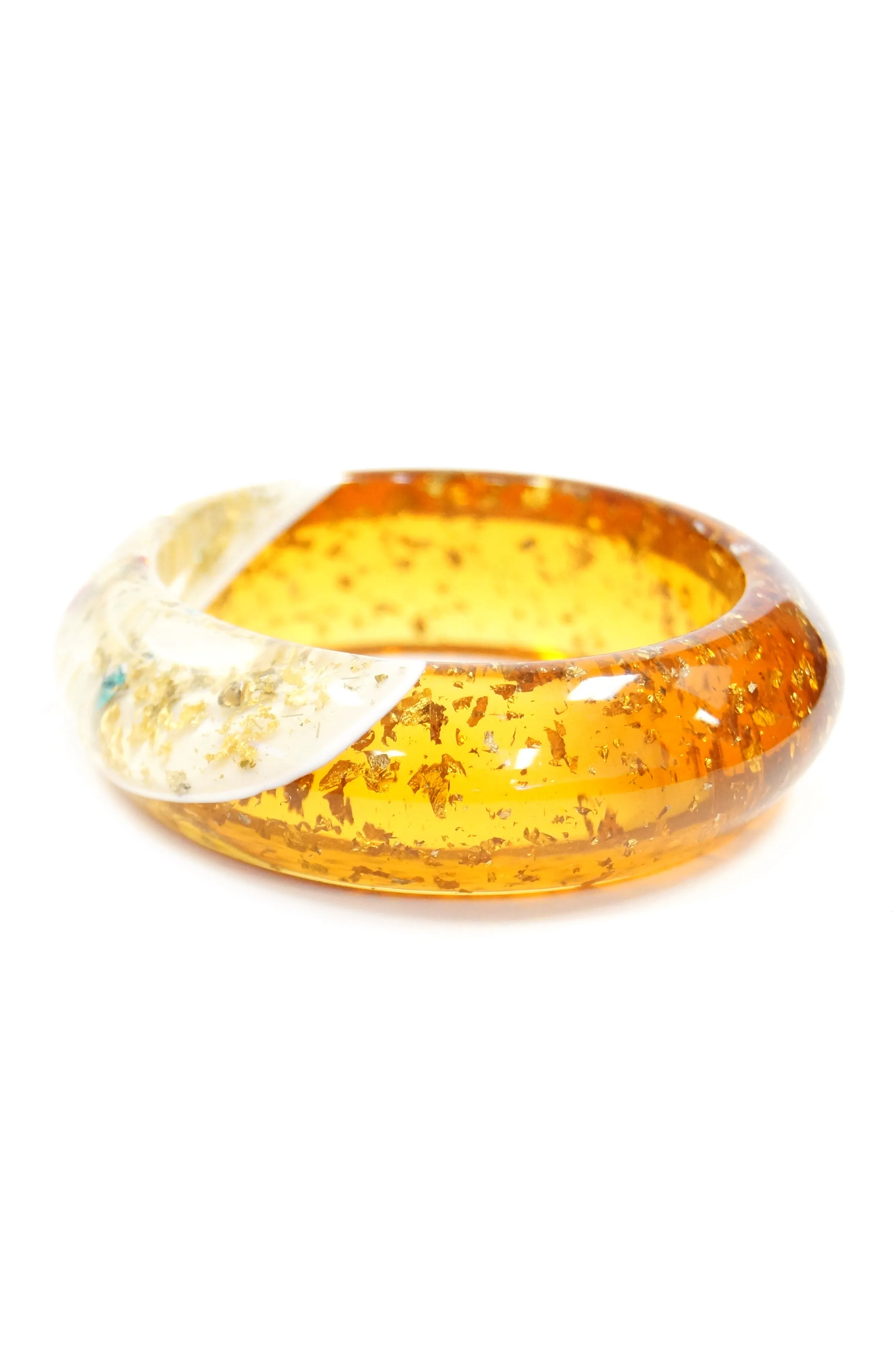 1950s Amber Lucite Bangle with Glitter and Rhinestone Inclusions