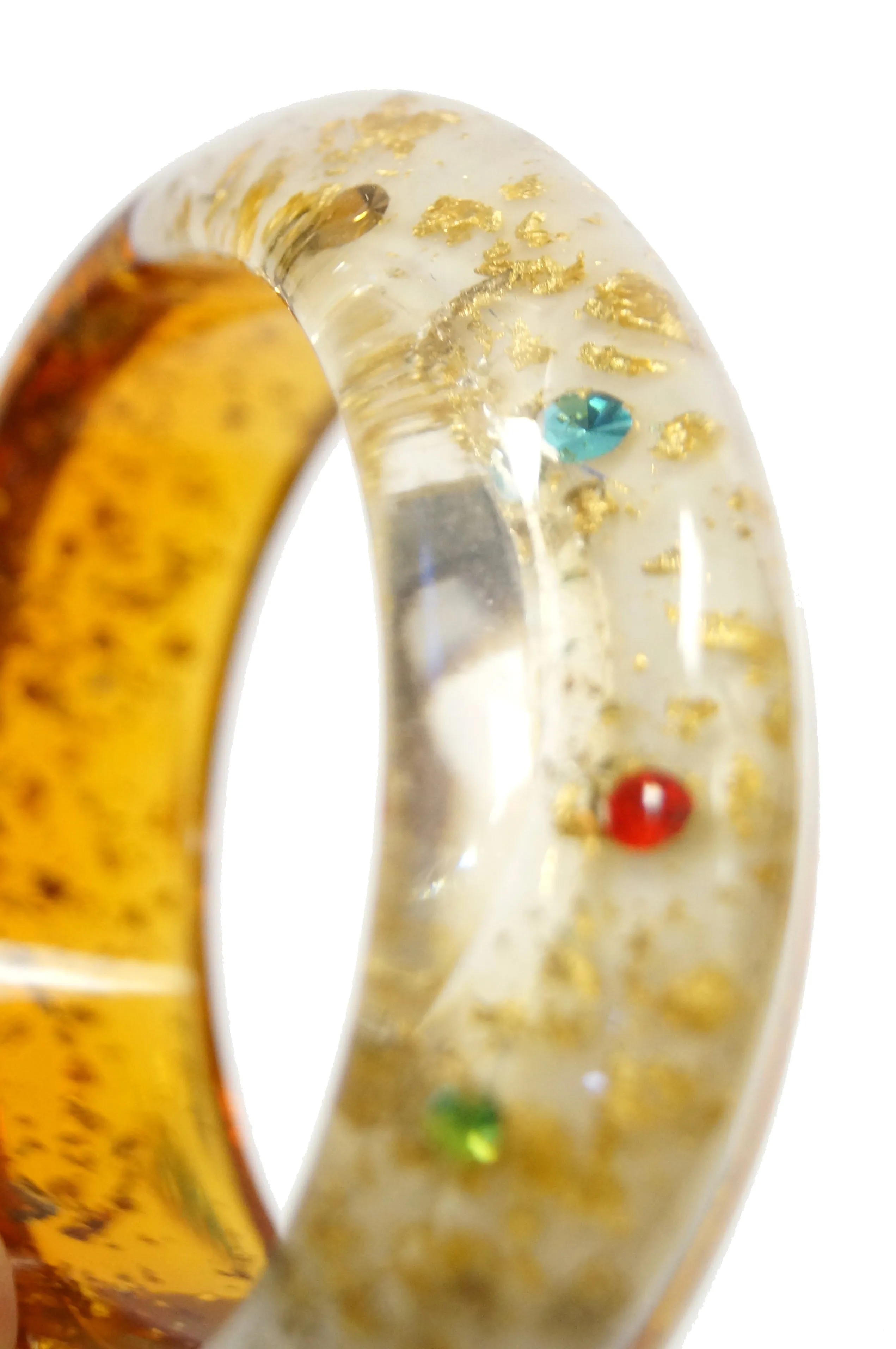 1950s Amber Lucite Bangle with Glitter and Rhinestone Inclusions