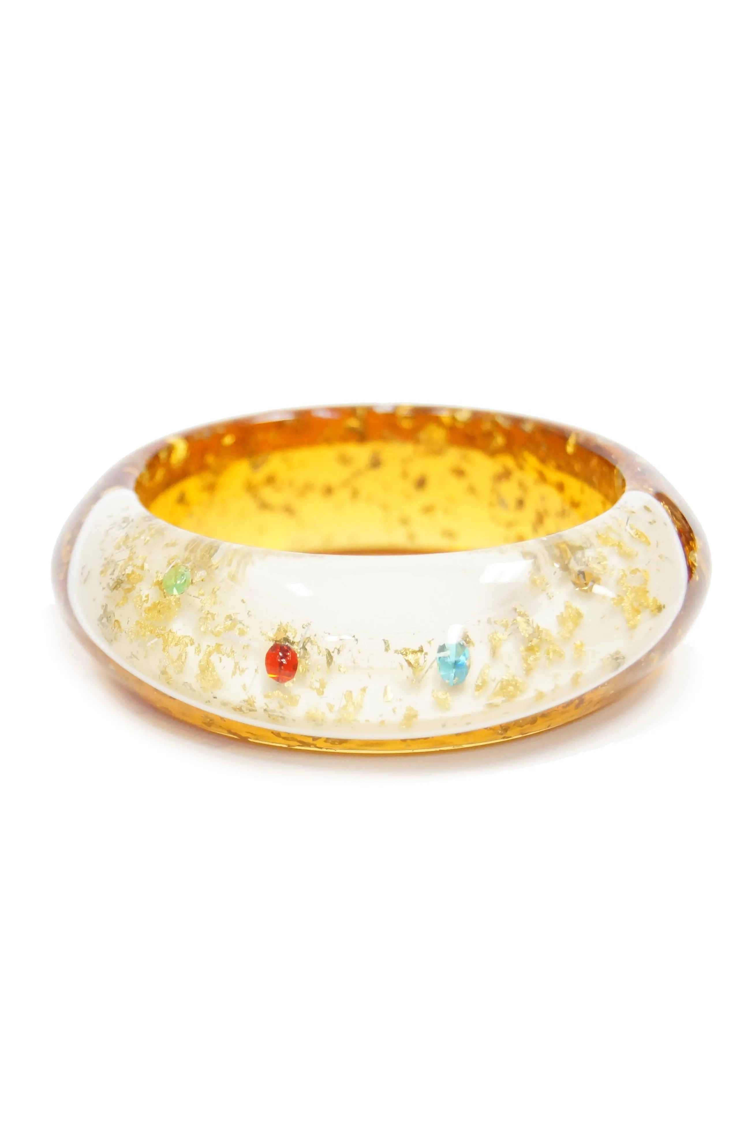 1950s Amber Lucite Bangle with Glitter and Rhinestone Inclusions