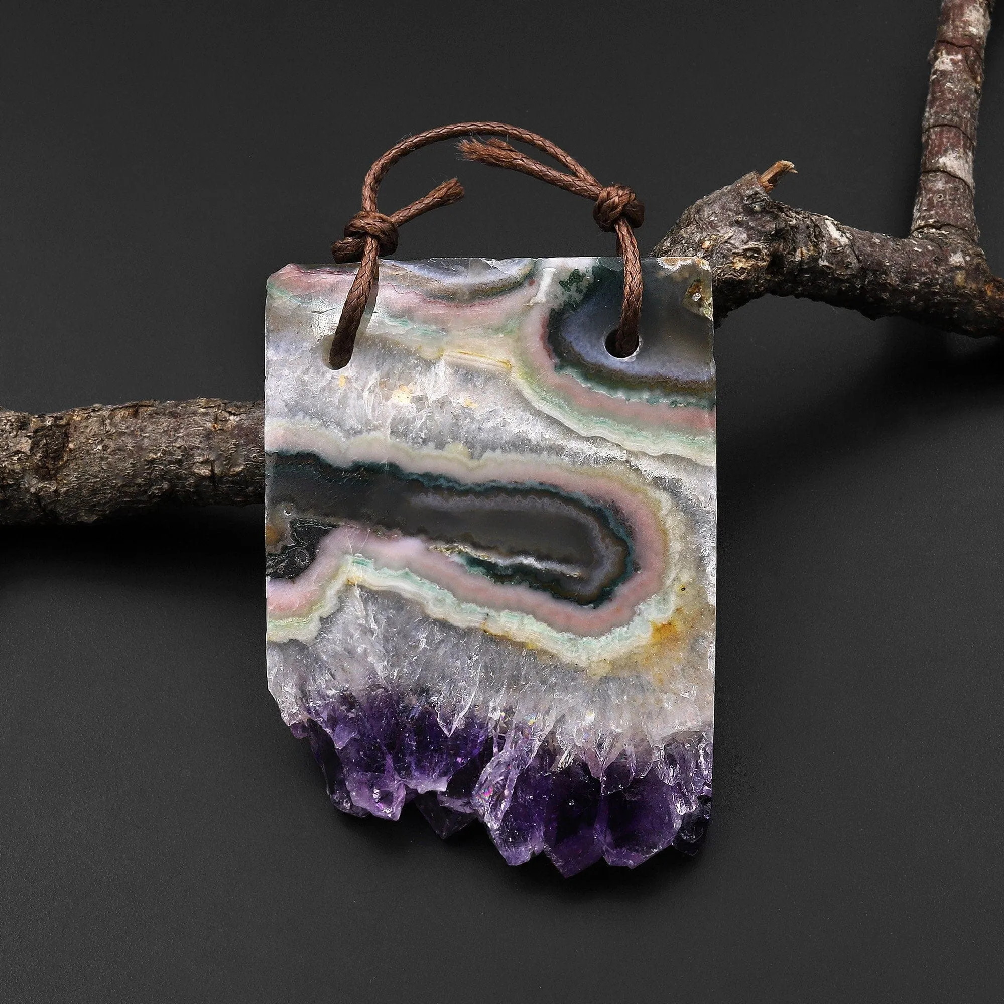 2 Hole Pendant Natural Pink Green Purple Amethyst Stalactite Rectangle Pendant Flat Slice Freeform One of a Kind P0190