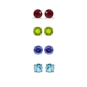 24k White Gold Plated 1Ct Created Ruby, Peridot, Tanzanite and Blue Topaz 4 Pair Round Stud Earrings