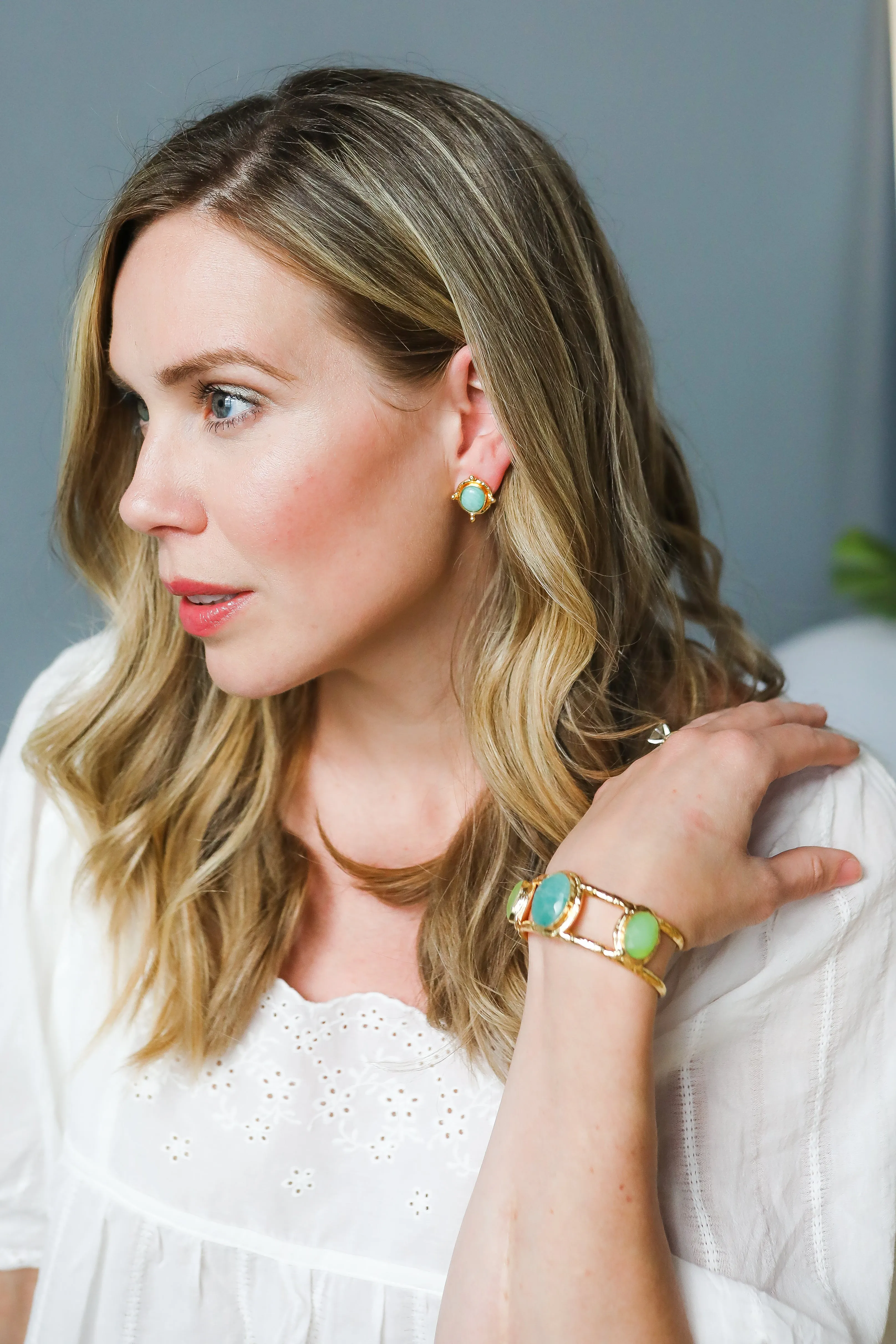 355-AMA-G | AMAZONITE OVAL FRAMED POST EARRING