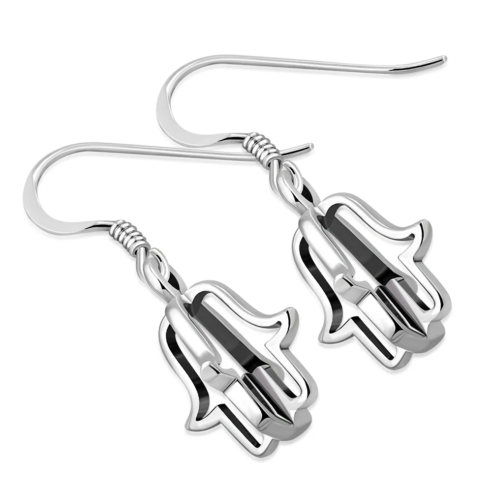 3D Hand Of Fatima Hamsa Sterling Silver Dangle Drop Hook Earrings