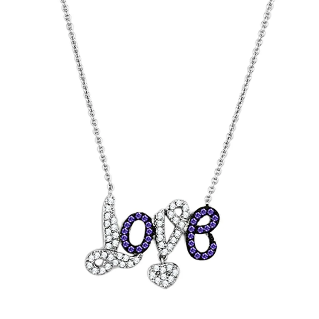 3W414 - Rhodium   Ruthenium Brass Necklace with AAA Grade CZ  in Amethyst