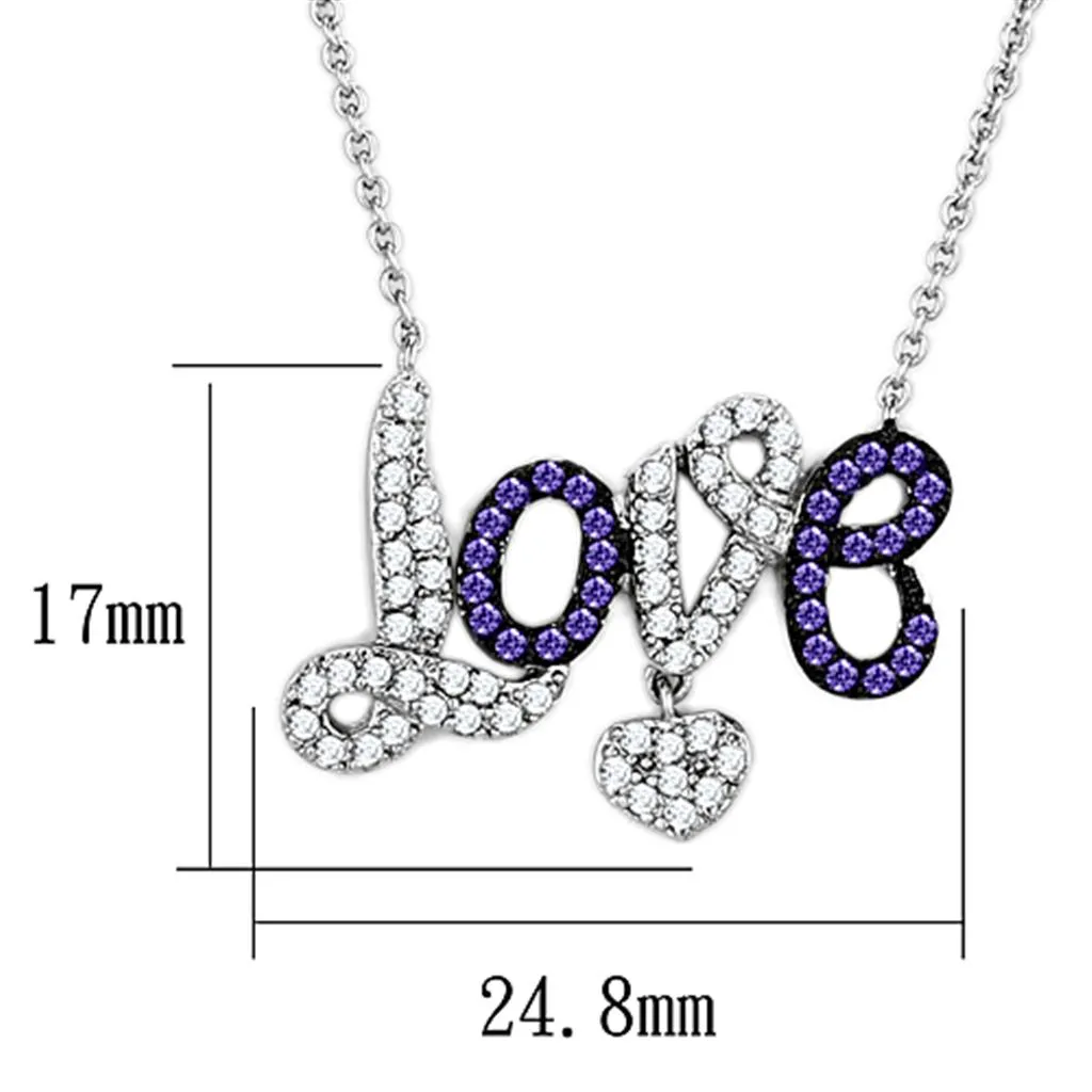 3W414 - Rhodium   Ruthenium Brass Necklace with AAA Grade CZ  in Amethyst