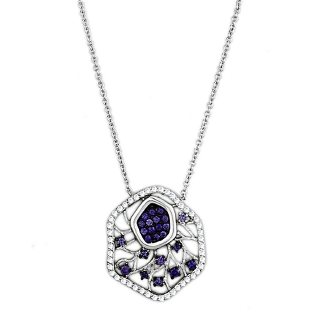 3W438 - Rhodium   Ruthenium Brass Necklace with AAA Grade CZ  in Amethyst