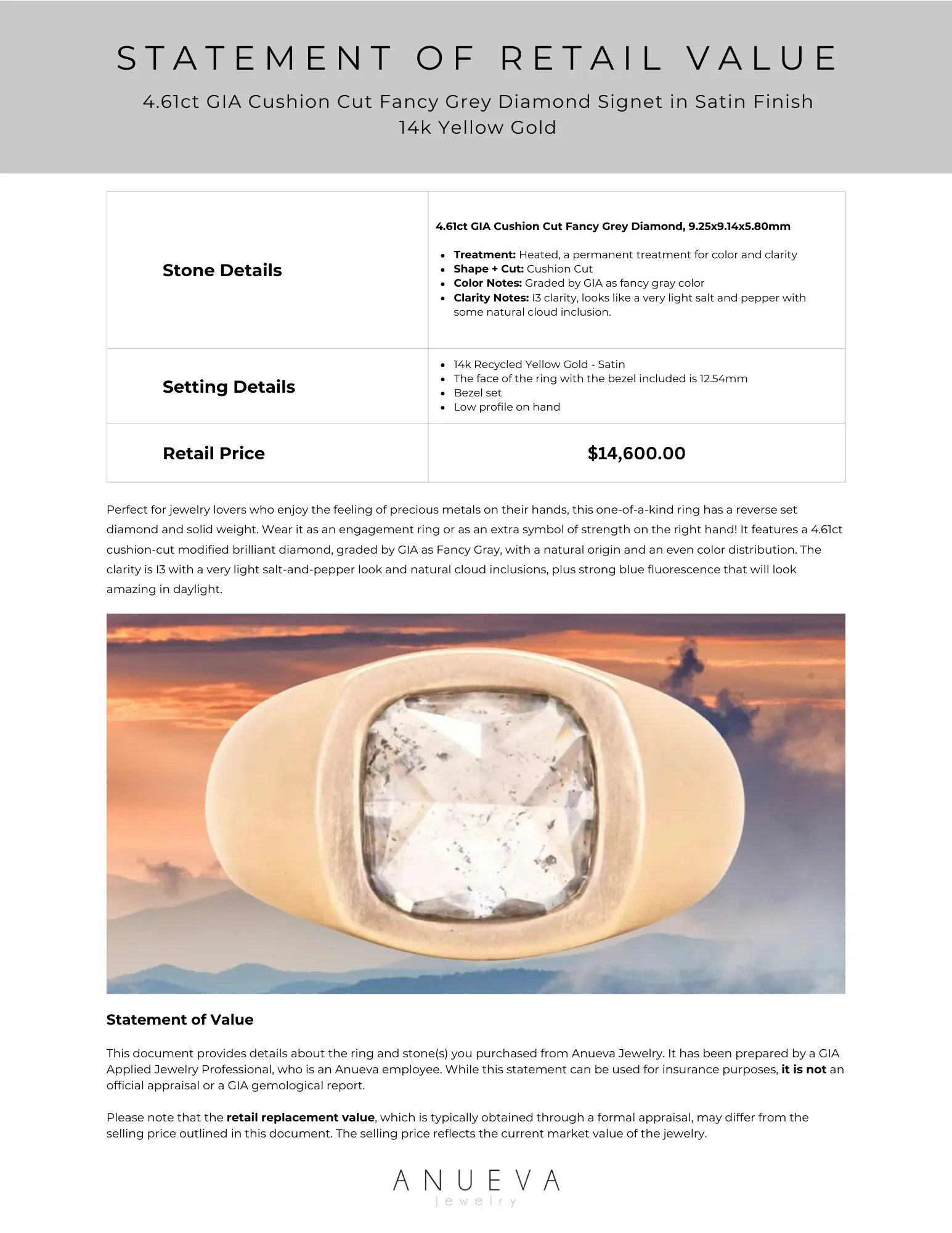 4.61ct GIA Cushion Cut Fancy Grey Diamond Signet in Satin Finish 14k Yellow Gold