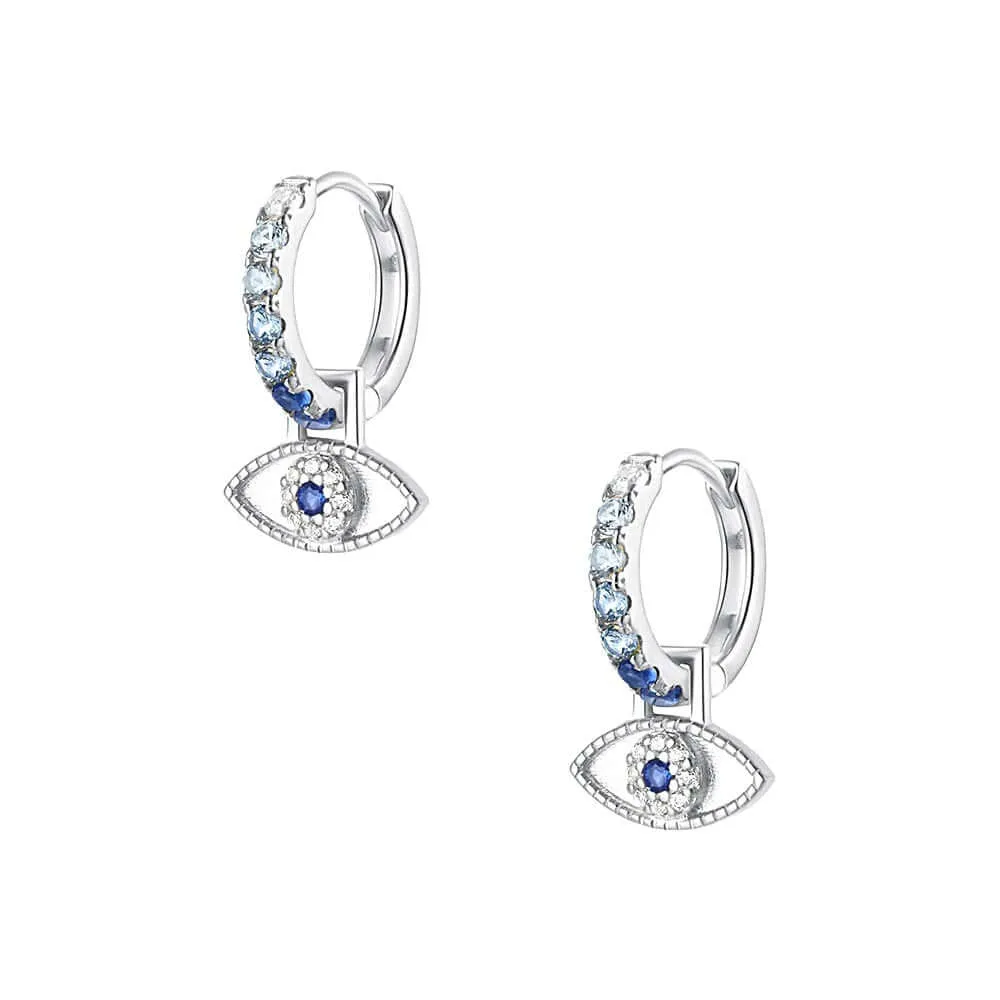 925 Silver Blue Eye Sparkling Drop Huggie Earrings CZ Diamond