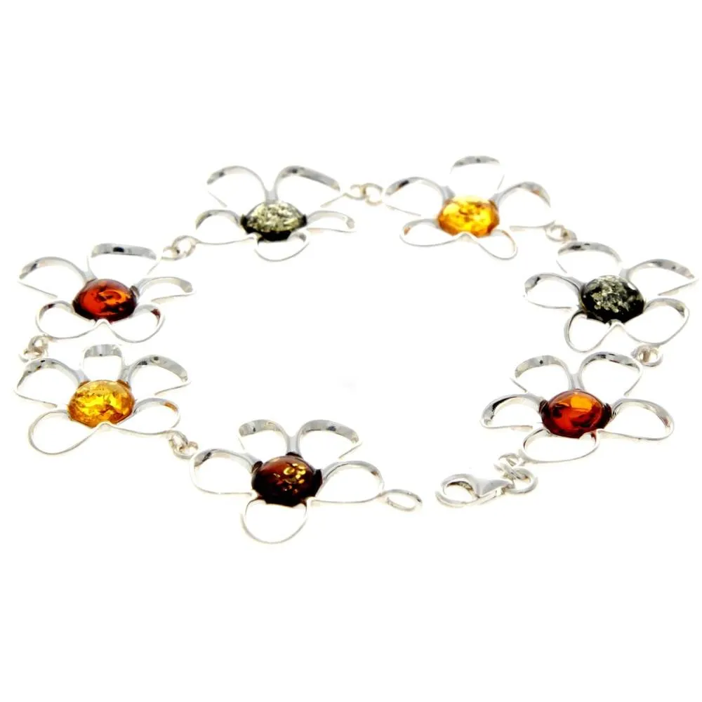 925 Sterling Silver & Genuine Baltic Amber Exclusive Flowers Link Bracelet - AA505