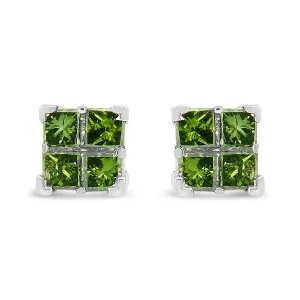 .925 Sterling Silver Treated Green Princess-cut Diamond 4 Stone Composite Quad Stud Earring (Green Color, I1-I2 Clarity)