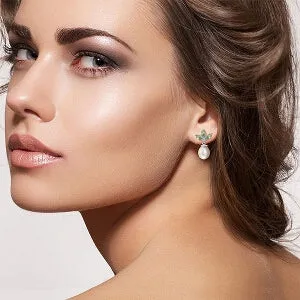 9.5 Carat 14K Solid White Gold Dangling Earrings Pearl Green Amethyst
