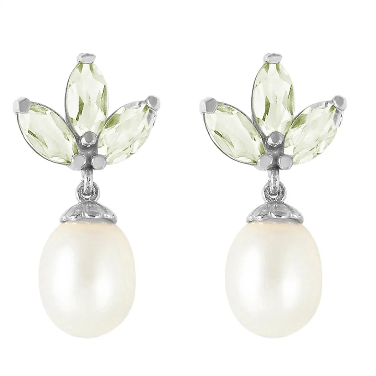 9.5 Carat 14K Solid White Gold Dangling Earrings Pearl Green Amethyst