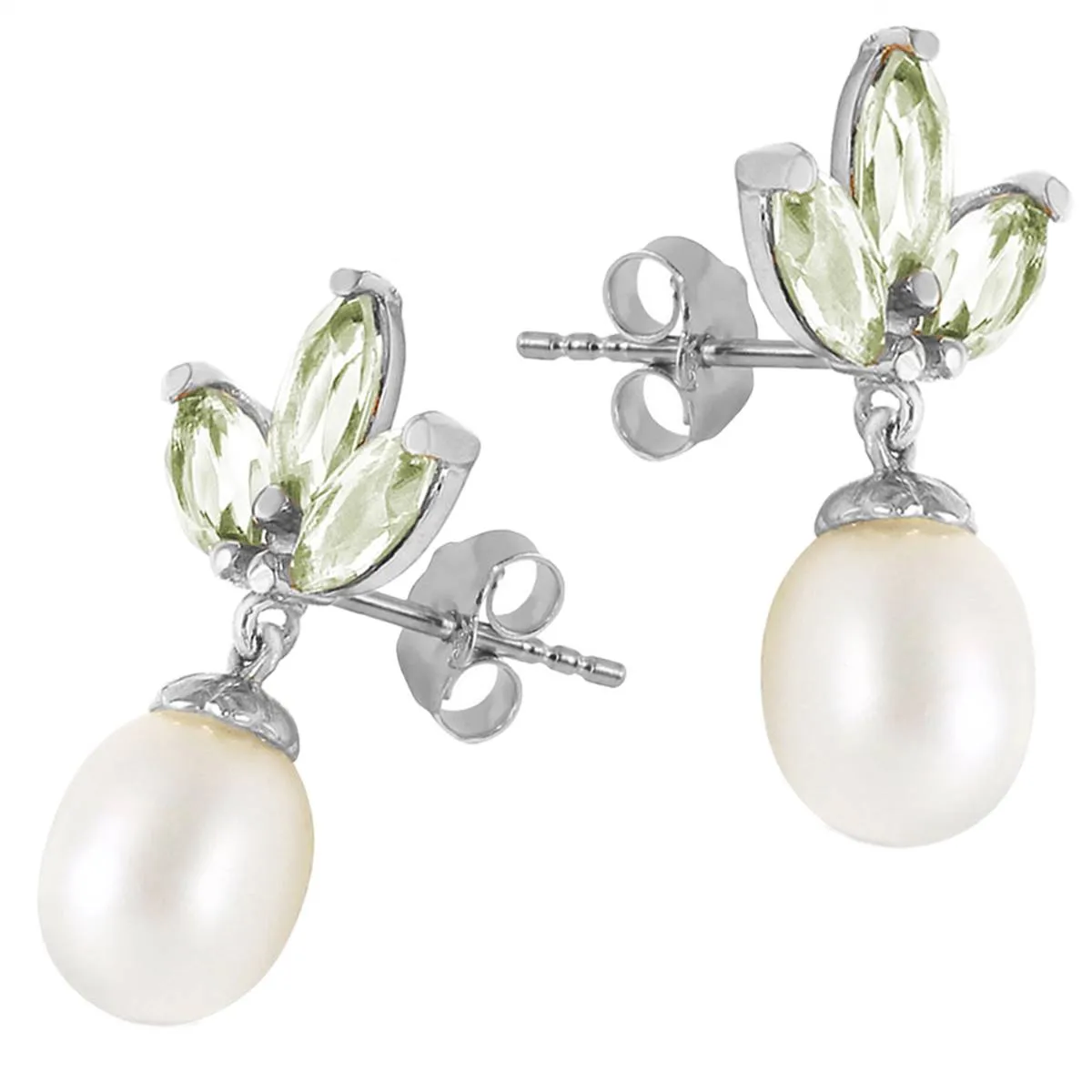 9.5 Carat 14K Solid White Gold Dangling Earrings Pearl Green Amethyst